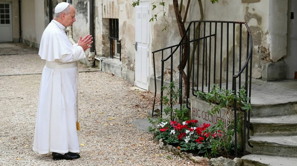 Imagen del Papa rezando en el lugar donde murieron los 115 sacerdotes mártires de Los Cármenes en 1792.